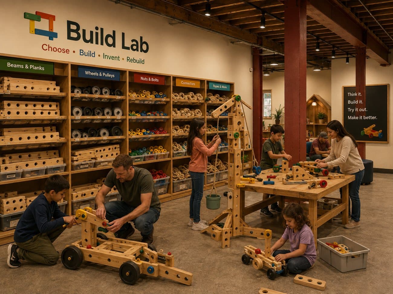 Concept rendering: a build lab with tools and materials