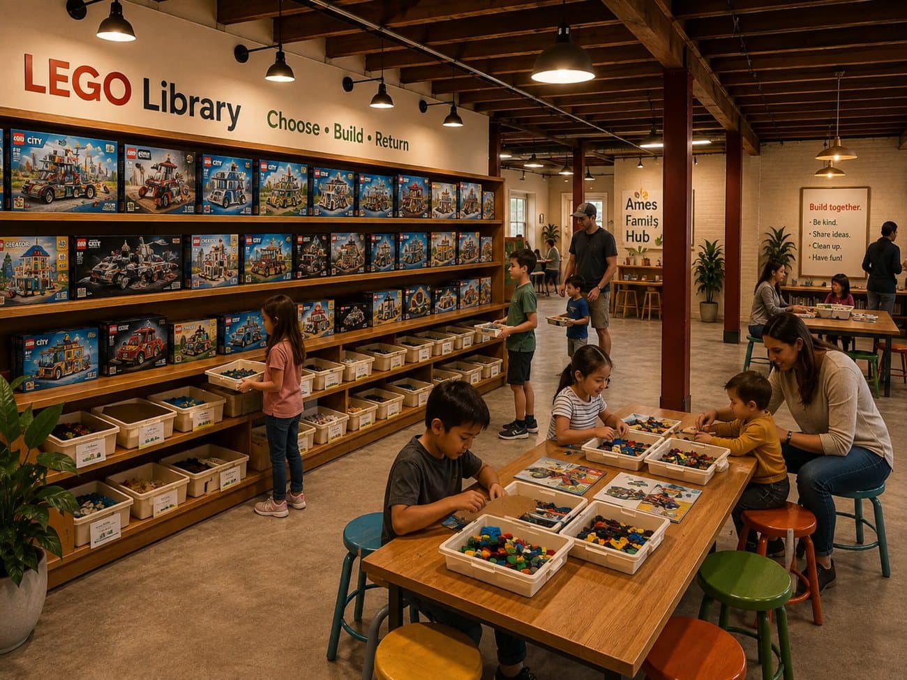 Concept rendering: a LEGO library with sets to choose, build, and return