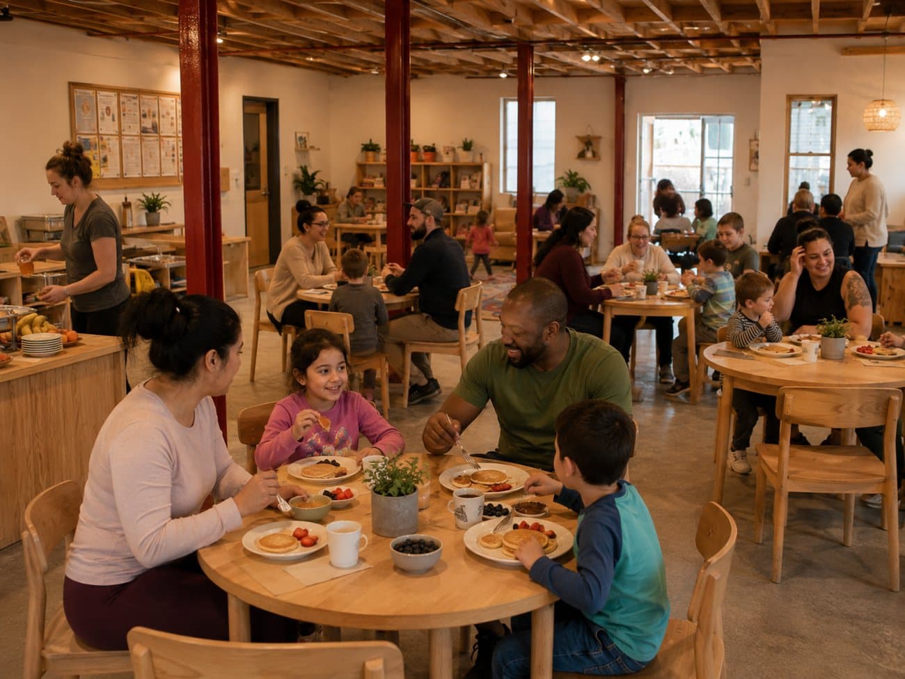 Concept rendering: families having breakfast together at the Hub