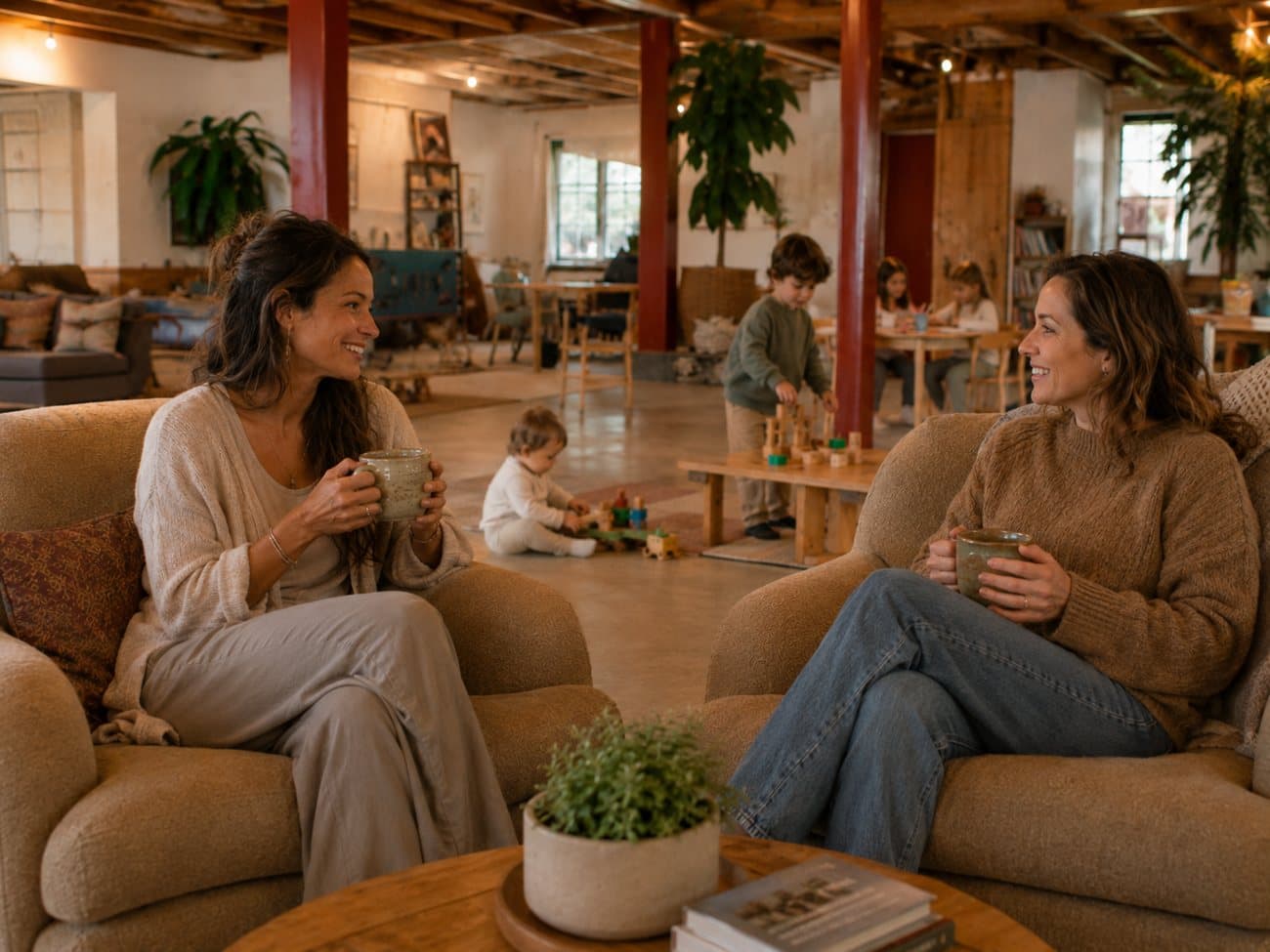 Concept rendering: a parent relaxing on a couch with a large mug of coffee