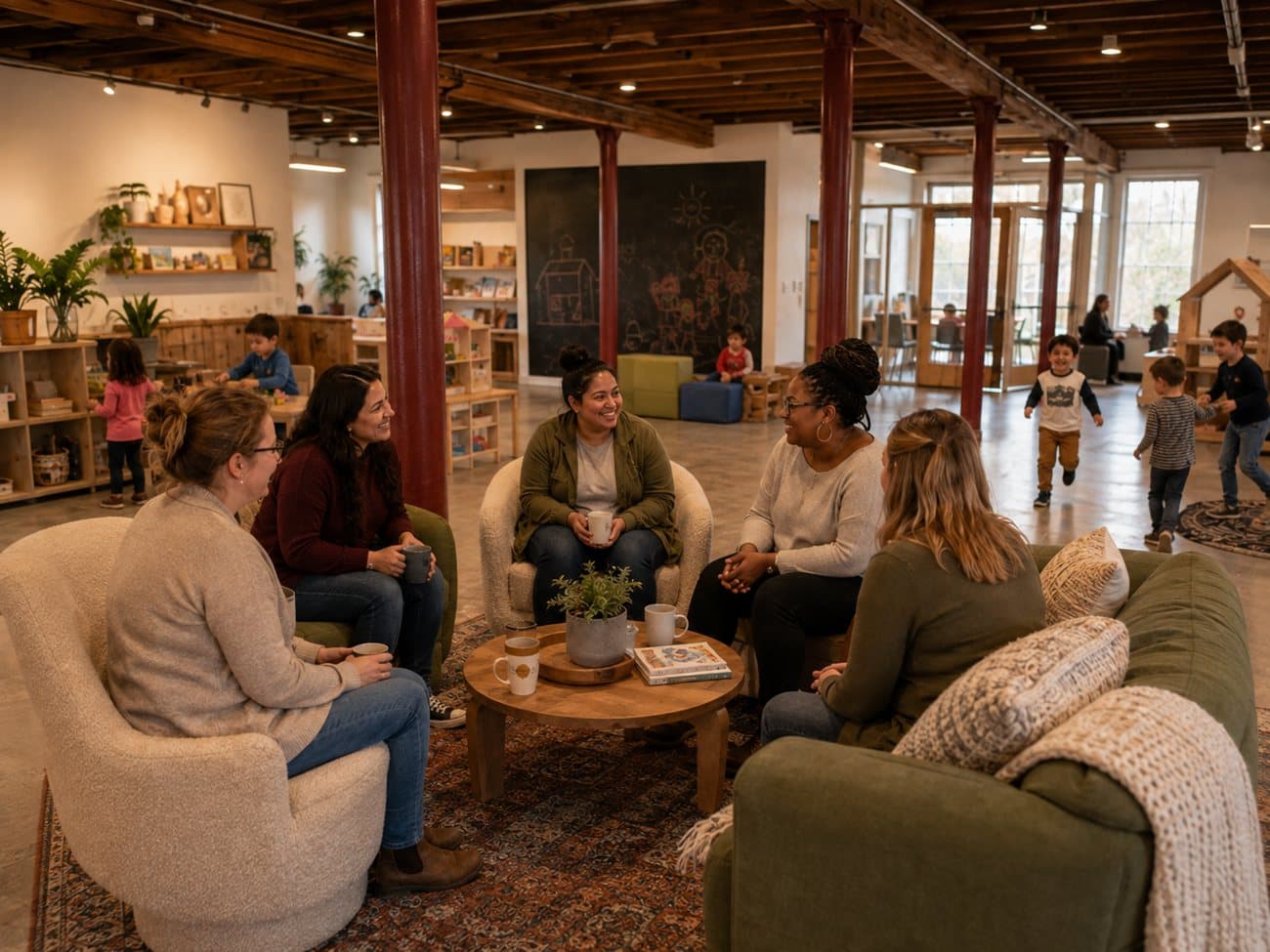 Concept rendering: parents talking over coffee while children play nearby