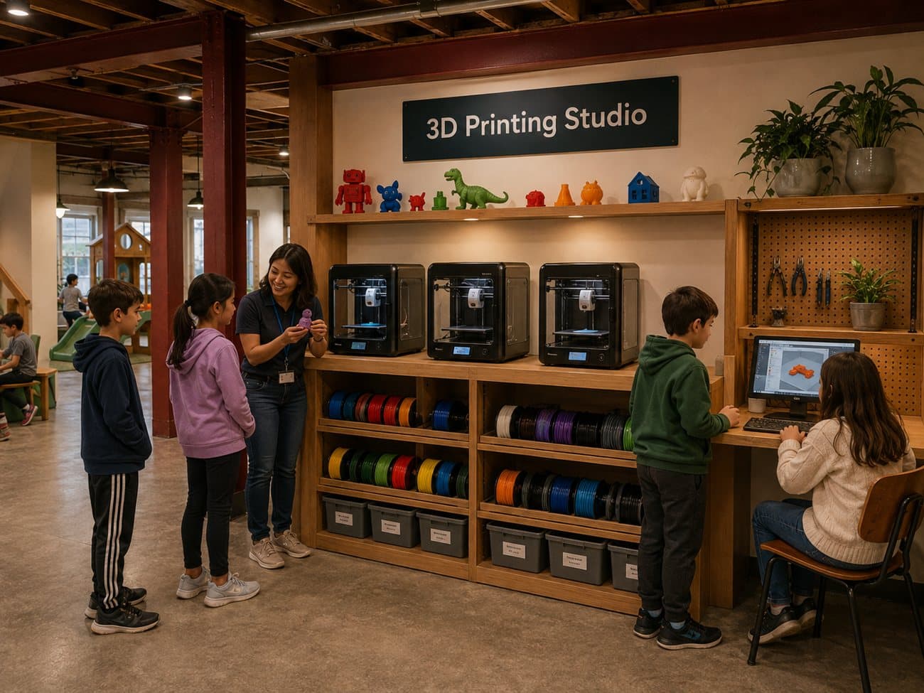 Concept rendering: a 3D printing studio with printers and filament