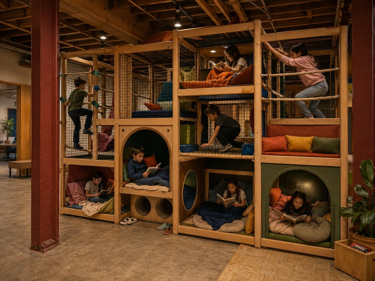 Concept rendering: a climbing structure with cozy reading nooks