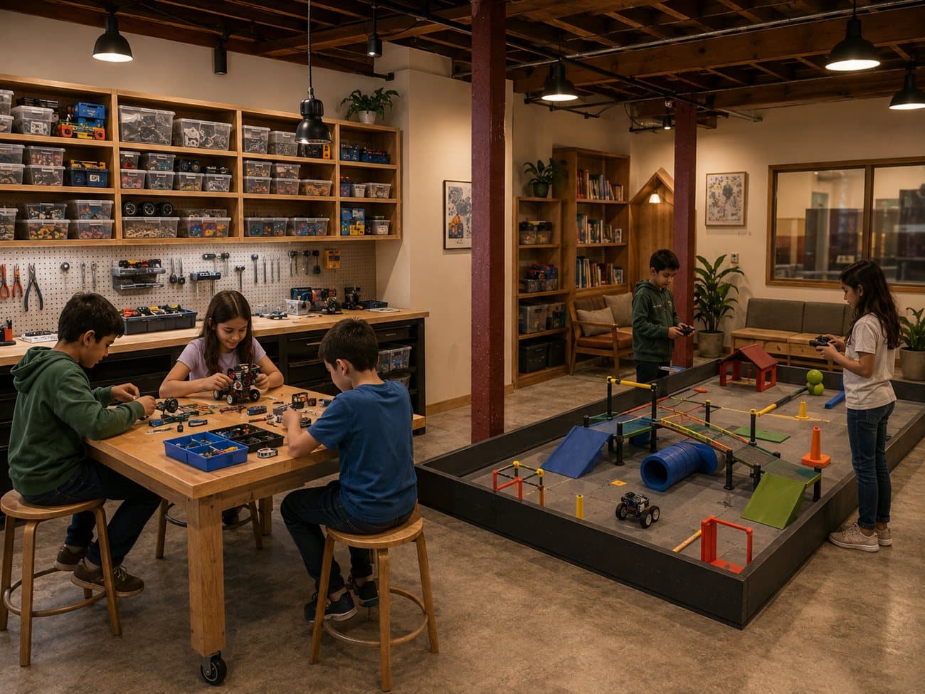 Concept rendering: a robot maker studio with a test arena