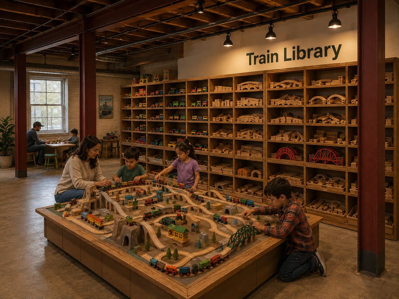 Concept rendering: a train library with wooden trains and track pieces