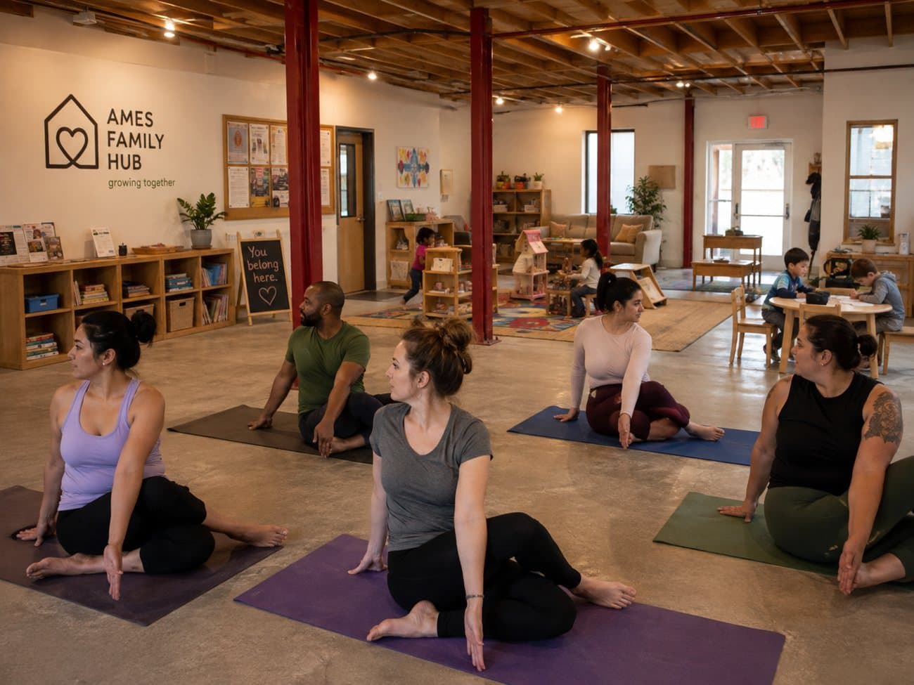Concept rendering: a parents' yoga class while children play nearby