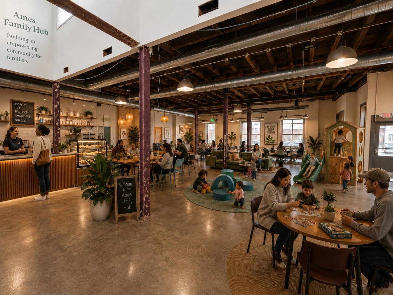 Concept rendering: café and open play floor