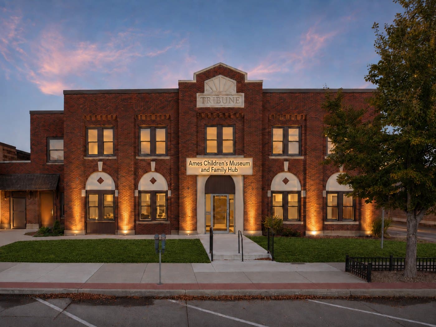 Concept rendering: the former Ames Tribune building as the Ames Family Hub, home of the Ames Children's Museum